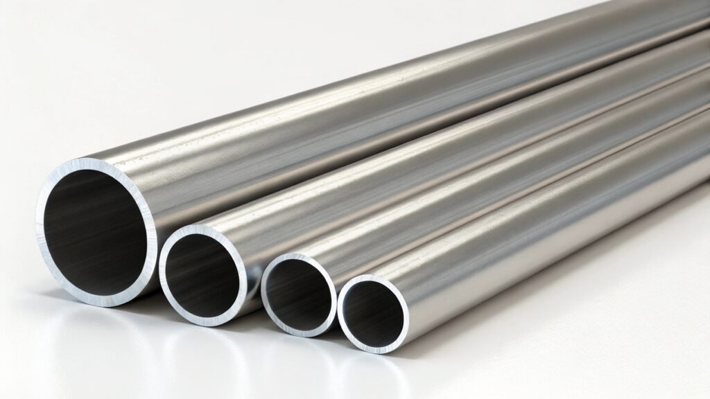 alt text: Examples of extruded, drawn, round, and square aluminum tubing